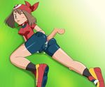  1girl ass bandanna bike_shorts brown_hair buttjob censored cum cum_on_ass ejaculation from_behind gradient gradient_background grinding haruka_(pokemon) highres huge_ass looking_back penis pokemon rubbing sweat uncensored 