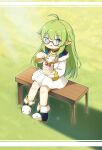  1girl :q absurdres ahoge aqua_eyes cake chinese_commentary commentary_request food full_body fur_trim glasses gold_trim grass green_hair highres holding holding_plate holding_spoon kuma-bound long_hair on_bench original outdoors plate pointy_ears sitting solo spoon sunlight tongue tongue_out 
