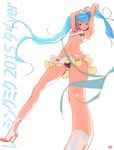  2015 ;q arms_up ass_visible_through_thighs blue_eyes blue_hair character_name foreshortening from_below goodsmile_company goodsmile_racing hatsune_miku high_heels highres long_hair lowleg microskirt navel one_eye_closed race_queen racing_miku racing_miku_(2015) skirt solo tongue tongue_out twintails underwear very_long_hair vocaloid white_background yang-do 