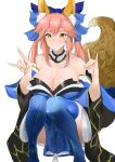  1girl animal_ear_fluff animal_ears bare_shoulders blue_ribbon blue_thighhighs blush breasts cleavage closed_mouth commentary_request detached_sleeves fate/extra fate/grand_order fate_(series) fox_ears fox_shadow_puppet fox_tail fujibori hair_between_eyes hair_ribbon highres japanese_clothes large_breasts long_hair looking_at_viewer pelvic_curtain pink_hair ribbon simple_background smile solo squatting tail tamamo_(fate) tamamo_no_mae_(fate/extra) thighhighs thighs twintails white_background wide_sleeves yellow_eyes 