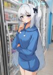  1girl bcag. blue_archive blue_halo blue_hoodie blush closed_mouth cowboy_shot halo highres hood hood_down hoodie indoors long_hair miyako_(blue_archive) miyako_(young)_(blue_archive) official_alternate_costume one_side_up outdoors purple_eyes solo white_hair 