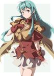  1girl absurdres aqua_eyes aqua_hair armor breastplate closed_mouth cowboy_shot earrings eirika_(fire_emblem) fingerless_gloves fire_emblem fire_emblem:_the_sacred_stones gloves hand_on_own_chest highres jewelry long_hair looking_at_viewer red_gloves red_shirt shirt short_sleeves shoulder_armor sidelocks skirt smile solo to_(tototo_tk) white_skirt 