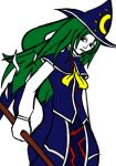  1girl alternate_costume ascot blue_dress blue_skirt cape dress frown green_eyes green_hair hat holding long_hair looking_back mima_(touhou) serenade_(gray) simple_background skirt solo touhou touhou_(pc-98) witch_hat yellow_ascot 