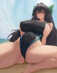  1girl absurdres black_hair black_one-piece_swimsuit blush bow breasts closed_mouth commentary_request covered_navel grabbing_own_breast green_bow groin hair_bow hair_intakes highres huge_breasts long_hair moriforest1040 one-piece_swimsuit outdoors red_eyes reiuji_utsuho sideboob sky smile solo swimsuit touhou 