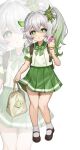  1girl alternate_costume backpack bag black_footwear bright_pupils collared_shirt cross-shaped_pupils full_body genshin_impact gradient_hair green_eyes green_hair green_sailor_collar green_skirt grey_hair hair_between_eyes hand_up highres holding holding_bag holding_ice_cream_cone ice_cream_cone kama_(kama_ovo) looking_at_viewer mary_janes multicolored_hair nahida_(genshin_impact) parted_lips pointy_ears sailor_collar school_uniform shirt shoes short_sleeves simple_background skirt socks standing symbol-shaped_pupils white_bag white_shirt white_socks zoom_layer 