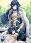  1boy 1girl aged_down alternate_costume ameno_(a_meno0) armor armored_dress belt blue_cape blue_dress blue_eyes blue_hair blue_shirt blue_shorts breastplate brown_belt cape chrom_(child)_(fire_emblem) chrom_(fire_emblem) closed_eyes closed_mouth commentary_request dress father_and_daughter fire_emblem fire_emblem_awakening fire_emblem_cipher fire_emblem_heroes fur-trimmed_cape fur_trim lap_pillow long_hair looking_at_another looking_down lucina_(fire_emblem) outdoors petals see-through see-through_sleeves shirt short_hair shorts sitting sleeping smile tiara 