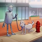  1:1 absurd_res anthro bdsm canid canine canis collar dog_(robot_dreams) domestic_dog duo featureless_crotch fire_hydrant hi_res leash machine male mammal outside petplay public puppyplay purplevelbeth raised_leg robot robot_(robot_dreams) robot_dreams roleplay 