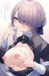  1girl after_paizuri ao_no_neko apron apron_pull blue_eyes blush bow bowtie breasts breasts_out brooch clothes_pull commentary_request cum cum_in_mouth cum_on_fingers cum_string gem grabbing_own_breast gradient_background grey_hair hair_over_one_eye highres jewelry large_breasts licking licking_cum maid maid_apron nipples open_clothes open_mouth open_shirt original sidelocks solo tongue tongue_out translation_request upper_body 