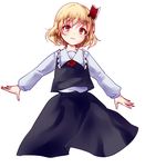  blonde_hair hair_ribbon open_mouth outstretched_arms red_eyes ribbon rumia short_hair simple_background skirt smile solo touhou uranaishi_(miraura) white_background 