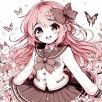  1girl :d ahoge animal blue_sailor_collar blue_skirt blush bow bowtie bug butterfly cherry_blossoms dot_nose falling_petals flower hair_bow hair_flower hair_ornament long_hair long_sleeves looking_at_viewer monochrome non-web_source open_mouth petals pink_butterfly pink_eyes pink_flower pink_hair pleated_skirt rabbit red_bow red_bowtie sailor_collar school_uniform serafuku skirt smile solo teeth upper_body upper_teeth_only wavy_hair 