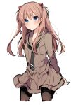  1girl bad_id bad_pixiv_id blue_eyes blush brown_sailor_collar brown_shirt brown_skirt closed_mouth ikeuchi_tanuma long_hair long_sleeves looking_at_viewer neon_genesis_evangelion neon_genesis_evangelion_gakuen_datenroku pantyhose sailor_collar school_uniform serafuku shirt simple_background skirt solo souryuu_asuka_langley white_background 