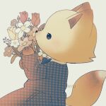  animal animal_focus artist_name ayu_(mog) black_eyes clothed_animal daisy dress eyelashes flower fox from_side grey_background holding holding_flower long_sleeves no_humans original plaid plaid_dress simple_background solid_circle_eyes solo tulip 