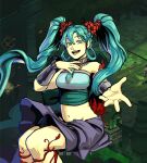  1girl aqua_eyes aqua_hair aqua_necktie bandeau feet_out_of_frame flower hades_(series) hair_flower hair_ornament hatsune_miku highres long_hair midriff navel necktie open_mouth red_flower smile solo twintails vocaloid zentrie101 