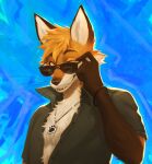  absurd_res anthro bust_portrait canid canine cheek_tuft chest_tuft clothed clothing collared_shirt dipstick_arms dipstick_ears doppelfoxx ear_markings eyebrows eyewear facial_tuft fox fur green_clothing green_shirt green_topwear hi_res jakkals_van_der_bergh_(doppelfoxx) jewelry male mammal multicolored_ears necklace one_eye_closed open_clothing open_shirt open_topwear orange_body orange_eyes orange_fur portrait shirt smile smirk solo sunglasses teeth topwear tuft wao_art whiskers white_body white_fur wink wristband 