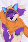 absurd_res ambiguous_gender arm_tuft belly_tuft blep blue_eyes blue_inner_ear blue_inner_ear_fluff bottomless canid canine cheek_tuft clothed clothing collar digital_media_(artwork) ear_piercing ear_tuft facial_tuft femboy fluffy fluffy_tail fox fur fur_markings hand_behind_head heart_eyes heart_symbol hi_res hoodie hoodie_only industrial_piercing inner_ear_fluff invalid_tag laying_on_tail looking_at_viewer lying male mammal markings multicolored_body multicolored_fur novabyte on_back one_eye_closed orange_clothing orange_hoodie orange_topwear paw_mark pawpads piercing purple_body shaded simple_background solo solo_focus tail tongue tongue_out topwear topwear_only tuft two_tone_body wink winking_at_viewer 