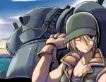  arm_up blonde_hair blue_eyes breasts brown_gloves cleavage cloud gloves hair_between_eyes hat jacket looking_at_viewer military_vehicle motor_vehicle mountain one_eye_closed original sakaki_(noi-gren) sky sunset tank twintails 