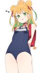  1girl absurdres arms_behind_back backpack bag bag_charm blue_one-piece_swimsuit blush breasts charm_(object) double_bun green_eyes green_hair hair_bun hair_ribbon highres indie_virtual_youtuber long_hair looking_at_viewer luke_(dydansgur) multicolored_hair name_tag one-piece_swimsuit parted_lips puff_of_air randoseru red_ribbon ribbon school_swimsuit simple_background small_breasts solo swimsuit tamura_mikan virtual_youtuber white_background 