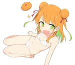  1girl absurdres barefoot bikini blush double_bun flat_chest green_eyes green_hair hair_bun hair_ribbon highres indie_virtual_youtuber long_hair looking_at_viewer luke_(dydansgur) multicolored_hair open_mouth orange_hair red_ribbon ribbon simple_background solo sparkle swimsuit tamura_mikan virtual_youtuber white_background white_bikini 