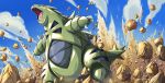  absurdres black_eyes claws cloud commentary_request day fangs fish.boy from_below highres no_humans open_mouth outdoors pokemon pokemon_(creature) rock sky solo tongue tyranitar 