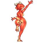 absurd_res anthro anus big_butt breasts butt claws countershading digitigrade female genitals hi_res horn humanoid kobold lizard looking_away nude on_one_leg pussy raised_arm reaching red_body red_skin reptile scalie short_stack small_breasts small_tail solo standing tail thick_thighs wisty