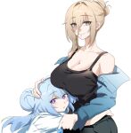  2girls aponia_(honkai_impact) black_tank_top blonde_hair blue_hair blue_jacket breasts cleavage commentary_request grey_eyes griseo hair_between_eyes hair_bun highres honkai_(series) honkai_impact_3rd hug jacket kame_(addlechicken) large_breasts looking_at_viewer multiple_girls off_shoulder parted_lips purple_eyes simple_background smile tank_top white_background 