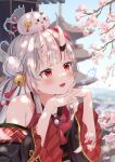  1girl absurdres bare_shoulders bell blush breasts cherry_blossoms fang hair_bell hair_ornament highres hololive horns japanese_clothes karma_(nakiri_ayame) kimono looking_at_viewer mask mask_on_head mei_am0 multicolored_hair nakiri_ayame nakiri_ayame_(1st_costume) oni open_mouth poyoyo_(nakiri_ayame) red_eyes shiranui_(nakiri_ayame) skin-covered_horns small_breasts solo streaked_hair virtual_youtuber white_hair 