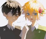  2boys absurdres antenna_hair basil_(faraway)_(omori) basil_(omori) black_eyes black_hair black_sweater_vest blonde_hair blue_eyes bright_pupils closed_mouth collared_shirt commentary_request crossed_bangs eyepatch flipped_hair flower green_sweater_vest hair_behind_ear hair_between_eyes hair_flaps hair_flower hair_ornament hand_up highres lifejam_403 looking_at_viewer multiple_boys omori one_eye_covered open_mouth shirt short_hair short_sleeves sidelocks simple_background smile spoilers sunny_(omori) sweater_vest upper_body white_background white_pupils white_shirt 