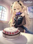  1girl absurdres bare_shoulders blonde_hair breasts cake copyright_name fischl_(genshin_impact) food genshin_impact green_eyes highres holding holding_knife indoors knife long_hair looking_at_viewer oz_(genshin_impact) sincronic small_breasts smile solo two_side_up very_long_hair window 