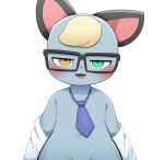  anthro black_ears blush clothed clothing collarbone domestic_cat eyewear felid feline felis front_view glasses green_eyes grey_body hair heterochromia hi_res looking_at_viewer mammal navel necktie partially_clothed pink_tongue solo sum tongue white_clothing yellow_eyes 