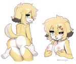  anthro blush bodily_fluids breasts butt canid canine canis crayon_(artist) domestic_dog female fur genitals hair hi_res kanis_(crayon) looking_at_viewer mammal nipples nude open_mouth penis pussy simple_background solo tail text white_background white_body white_fur 