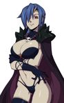  bikini blue_hair breast_hold breasts cape cleavage cosplay crossed_arms ganno gloves jewelry large_breasts looking_at_viewer naga_the_serpent navel necklace no_eyepatch one-eyed pauldrons red_eyes revealing_clothes scar scar_across_eye short_hair skull skullgirls slayers solo spikes swimsuit symbol-shaped_pupils valentine_(skullgirls) white_background 