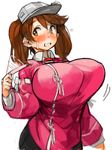  1girl alternate_breast_size blush breasts brown_eyes brown_hair hot huge_breasts kantai_collection long_hair onmyouji ryuujou_(kantai_collection) sachito simple_background solo twintails visor_cap 
