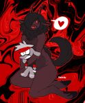  anthro black_hair brown_body brown_fur canid canine canis curved_horn demon dewclaw_hooves domestic_dog dot_eyes fangs fur hair heart_symbol hi_res hooves horn kneeling male mammal mane mane_hair open_mouth open_smile plushie smile solo teeth wide_eyed wonderslug 