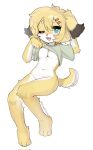  anthro breasts canid canine canis clothing crayon_(artist) digital_drawing_(artwork) digital_media_(artwork) female floppy_ears fur hair hi_res kanis_(crayon) kemono looking_at_viewer lop_ears mammal open_mouth simple_background smile solo tail text topwear undressing white_body yellow_body yellow_fur 