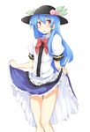  blue_hair blush bow chata_maru_(irori_sabou) chestnut_mouth commentary cowboy_shot food fruit hat highres hinanawi_tenshi legs long_hair open_mouth peach puffy_short_sleeves puffy_sleeves red_eyes shirt short_sleeves skirt skirt_lift solo touhou very_long_hair 
