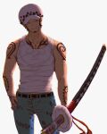  1boy arm_tattoo black_hair chest_tattoo commentary cowboy_shot denim earrings facial_hair goatee hand_tattoo hat highres holding holding_sword holding_weapon jeans jewelry koma_heron looking_to_the_side male_focus one_piece pants sideburns simple_background smile solo sword symbol-only_commentary tank_top tattoo trafalgar_law weapon white_background white_tank_top 