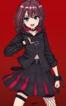  1girl black_choker black_gloves black_jacket black_skirt blue_eyes chain choker commentary fingerless_gloves fishnet_thighhighs fishnets girls_band_cry gloves gradient_background highres iseri_nina jacket long_sleeves open_mouth pinky_out pleated_skirt red_background red_hair short_hair single_thighhigh skirt smile solo thigh_strap thighhighs tomare_(akashingou) 