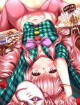  blush bow cake cup downblouse expressionless face_mask food fox_mask happy_birthday hata_no_kokoro highres long_hair long_sleeves looking_at_viewer lying mask midriff navel on_back pink_eyes pink_hair shirt skirt solo teacup touhou very_long_hair wide_sleeves zan_(harukahime) 