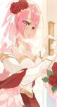  1girl breasts cleavage fire_emblem fire_emblem_engage fire_emblem_heroes flower gbbgb321 hair_flower hair_ornament highres holding lapis_(fire_emblem) large_breasts looking_at_viewer official_alternate_costume pink_eyes pink_hair red_flower red_rose red_skirt rose short_hair skirt solo upper_body 