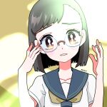  1girl black_hair blue_sailor_collar brown_eyes collarbone eyelashes fingernails fujishima_moyu glasses highres looking_at_viewer original parted_lips sailor_collar school_uniform serafuku shirt short_hair short_sleeves sidelighting signature solo upper_body white_shirt 