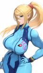  1girl absurdres blonde_hair blue_bodysuit bodysuit breasts gonzarez green_eyes hair_between_eyes hand_on_own_hip high_ponytail highres large_breasts metroid mole mole_under_mouth samus_aran simple_background solo white_background 