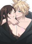  1boy 1girl absurdres arm_around_shoulder bare_shoulders black_hair blonde_hair blue_eyes blush breasts cheek-to-cheek cloud_strife collarbone commentary_request couple final_fantasy final_fantasy_vii final_fantasy_vii_remake from_side heads_together highres large_breasts long_hair looking_at_viewer looking_to_the_side momo_(564mo_mo) one_eye_closed parted_lips red_eyes shared_blanket short_hair smile spiked_hair tifa_lockhart topless topless_male under_covers upper_body white_background 
