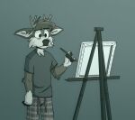 anthro antlers black_nose bottomwear clothing creating_art darwin_(tinydeerguy) deer easel grey_background greyscale hi_res horn male mammal monochrome painting pajama_pants pants pattern_bottomwear pattern_clothing pattern_pants plaid plaid_bottomwear plaid_clothing plaid_pants shirt simple_background solo t-shirt tinydeerguy topwear