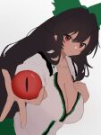 1girl absurdres black_hair bow breasts cleavage closed_mouth commentary_request green_bow grey_background hair_bow hair_intakes highres large_breasts long_hair looking_at_viewer moriforest1040 red_eyes reiuji_utsuho shirt simple_background solo third_eye touhou upper_body white_shirt 