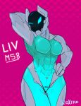 abs ambiguous_species android anthro armor biceps big_breasts blue_eyes breasts featureless_breasts featureless_crotch female glowing glowing_eyes headgear helmet humanoid liv_(spookyboi) machine metal_skin mouthless muscular muscular_female not_furry oxtra robot screen screen_face simple_background solo spookyboi strong_female thick_thighs triceps visor visor_helmet wide_hips