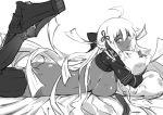  1girl ahoge ass bare_shoulders blush breasts closed_mouth dark_skin detached_sleeves fate/grand_order fate_(series) from_side greyscale hair_between_eyes hair_ribbon large_breasts long_hair long_sleeves looking_at_viewer looking_to_the_side lying monochrome nanaya_(daaijianglin) nude okita_souji_(alter)_(fate) okita_souji_(fate)_(all) on_bed on_stomach pillow pillow_hug ribbon simple_background sketch smile solo thighhighs very_long_hair white_background 