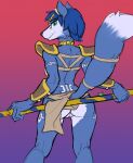  anthro blue_body blue_eyes blue_fur blue_hair bottomwear breasts butt canid canine clothed clothing clothing_lift color_edit colored female fox fur genitals gold_(metal) gold_jewelry hair hi_res jewelry krystal_(star_fox) lakeslug loincloth loincloth_lift looking_at_viewer looking_back mammal nintendo no_underwear pussy rear_view sketch smile solo star_fox third-party_edit white_body white_fur 