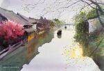  boat branch bridge building cherry_blossoms day grey_sky nara_watercolor original painting_(medium) reflection reflective_water river riverbank sky traditional_media tree water watercolor_(medium) watercraft 