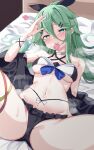  1girl bare_shoulders bed bikini black_bikini black_ribbon blush breasts calin condom condom_in_mouth frilled_bikini frills green_eyes green_hair hair_between_eyes hair_ornament hairclip highres kantai_collection long_hair looking_at_viewer medium_breasts mouth_hold navel on_bed ribbon salute solo spread_legs stomach swimsuit thighs yamakaze_(kancolle) yamakaze_(swimsuit_mode)_(kancolle) 