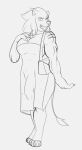  anthro bulge clothing cocktail_dress dress fours_(artist) gynomorph hi_res intersex looking_at_viewer monochrome muscular muscular_gynomoprh purse scar sketch solo vargas_(fours) warg_(fours) 